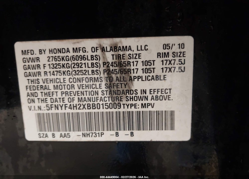 2011 HONDA PILOT LX VIN: 5FNYF4H2XBB015009