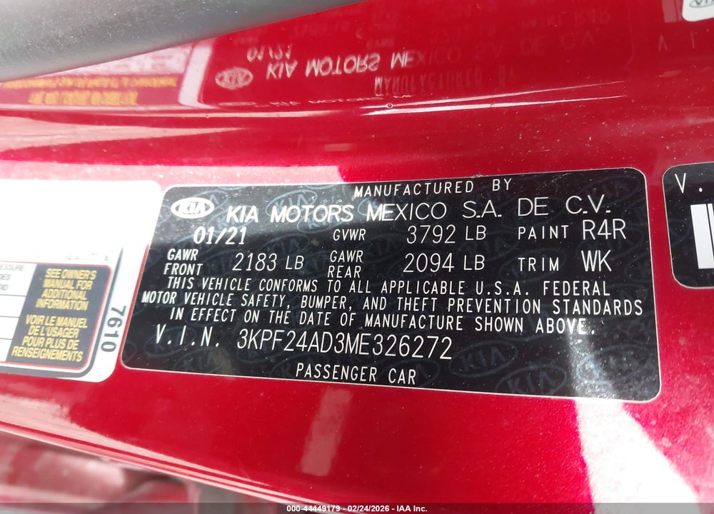 2021 KIA FORTE LXS VIN: 3KPF24AD3ME326272