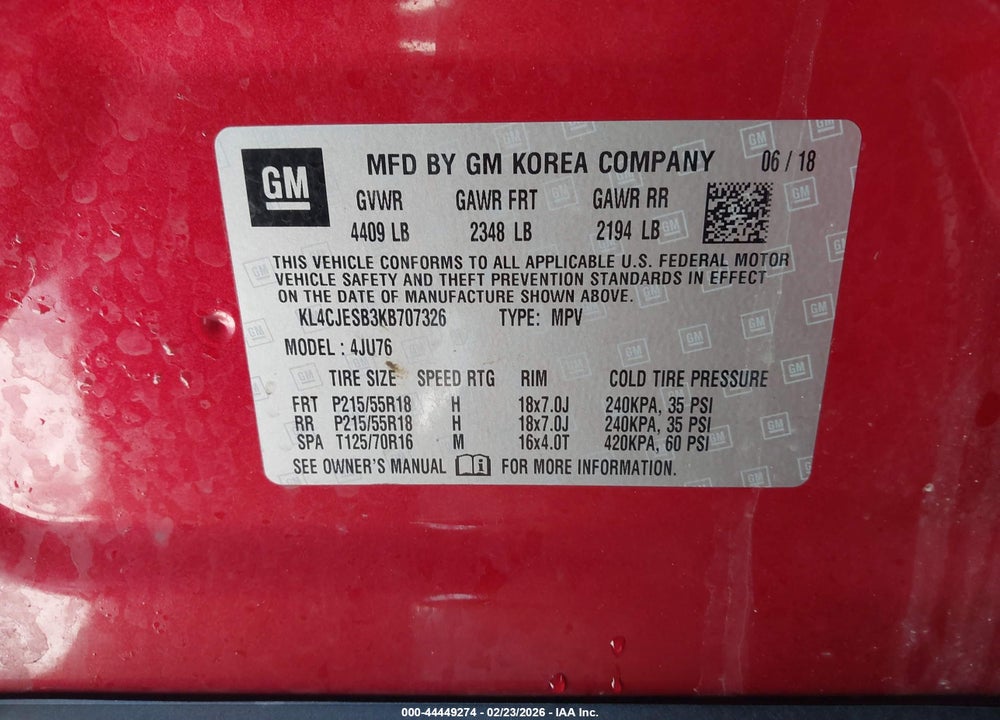 2019 BUICK ENCORE AWD PREFERRED VIN: KL4CJESB3KB707326