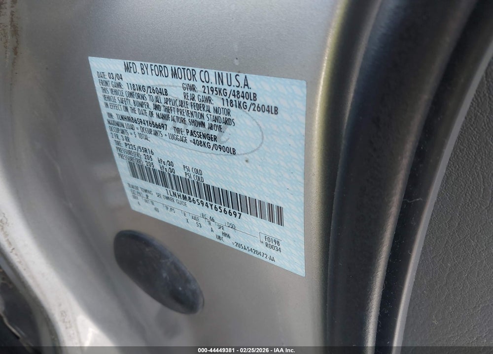 2004 LINCOLN LS V6 VIN: 1LNHM86S94Y656697