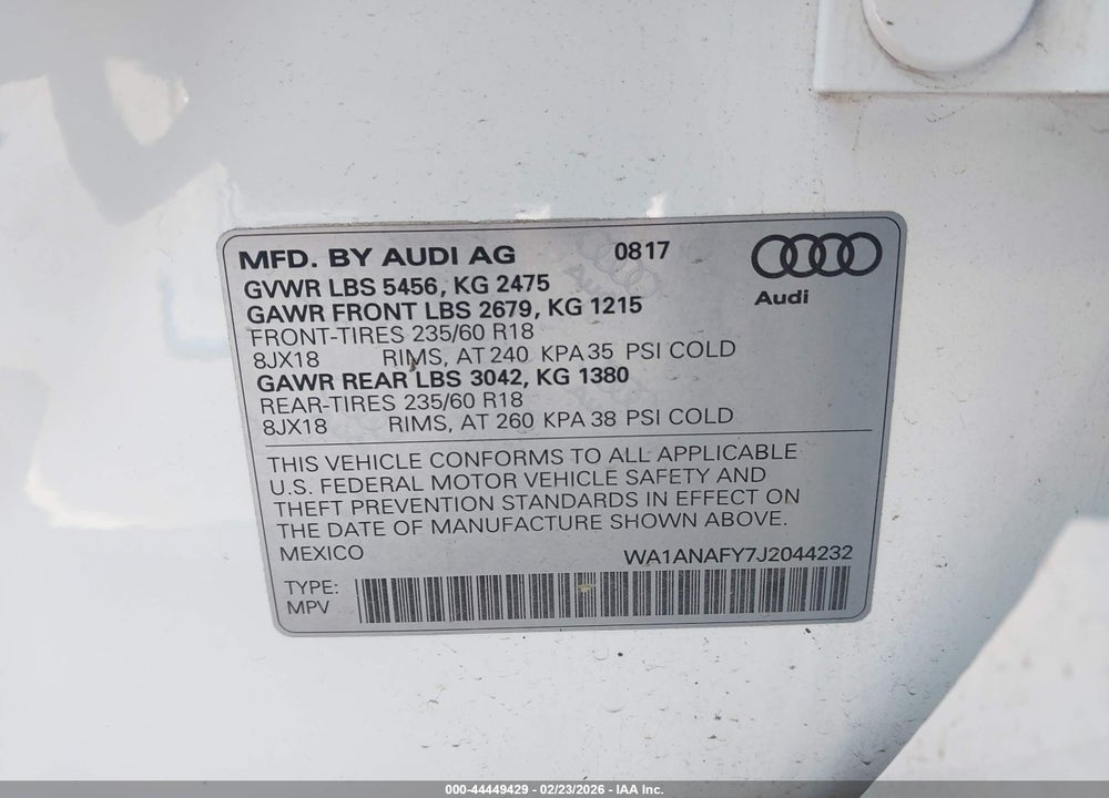 2018 AUDI Q5 2.0T PREMIUM/2.0T TECH PREMIUM VIN: WA1ANAFY7J2044232
