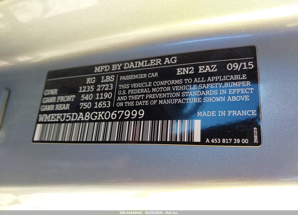 2016 SMART FORTWO PASSION VIN: WMEFJ5DA8GK067999