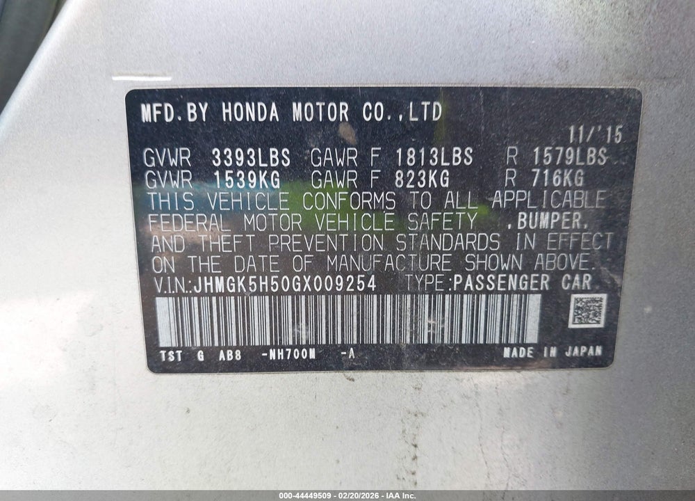2016 HONDA FIT LX VIN: JHMGK5H50GX009254