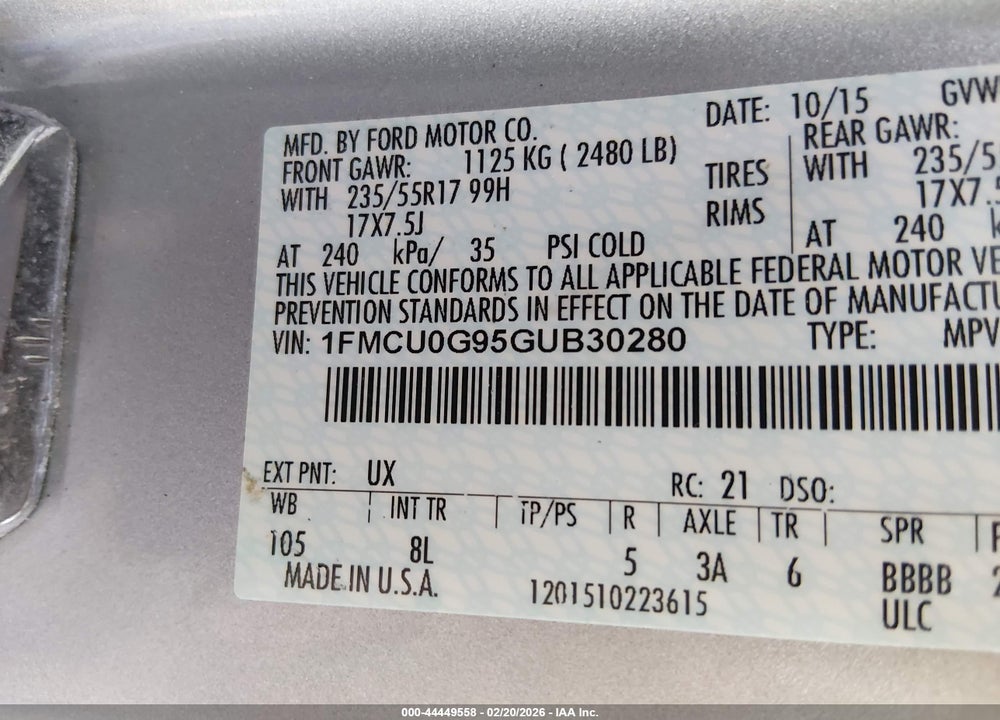 2016 FORD ESCAPE SE VIN: 1FMCU0G95GUB30280