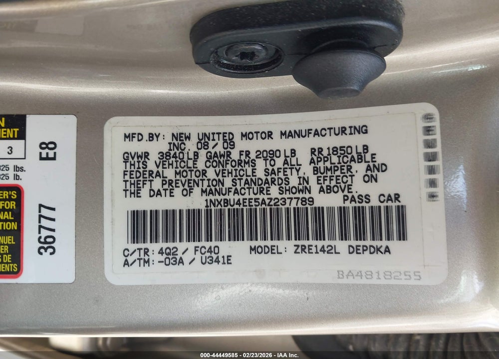 2010 TOYOTA COROLLA LE VIN: 1NXBU4EE5AZ237789