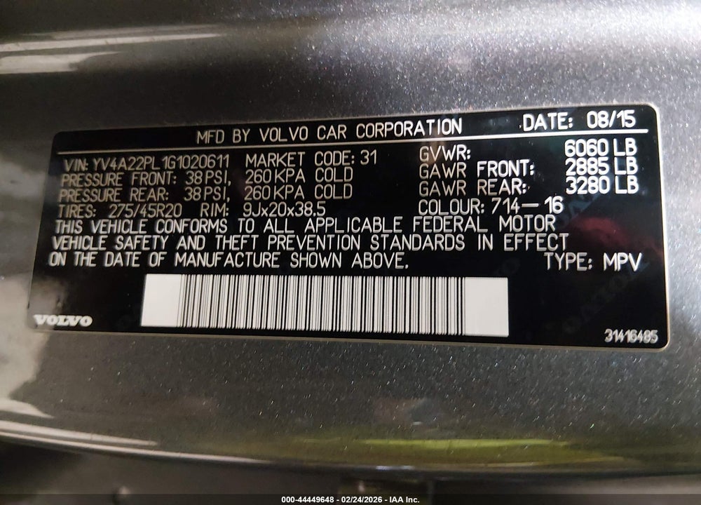 2016 VOLVO XC90 T6 INSCRIPTION VIN: YV4A22PL1G1020611