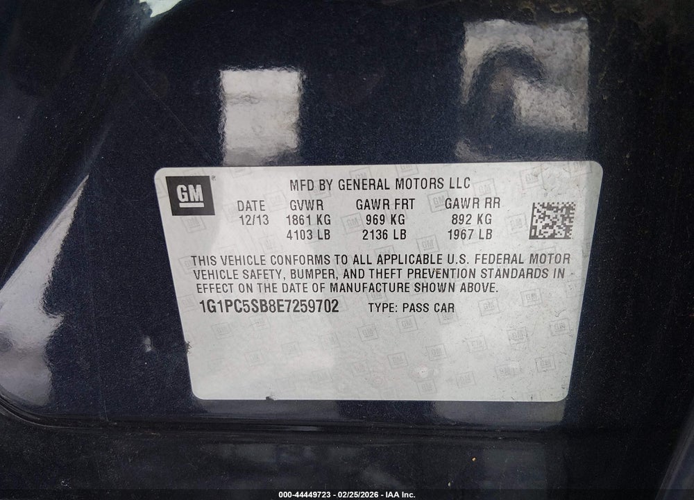 2014 CHEVROLET CRUZE 1LT AUTO VIN: 1G1PC5SB8E7259702