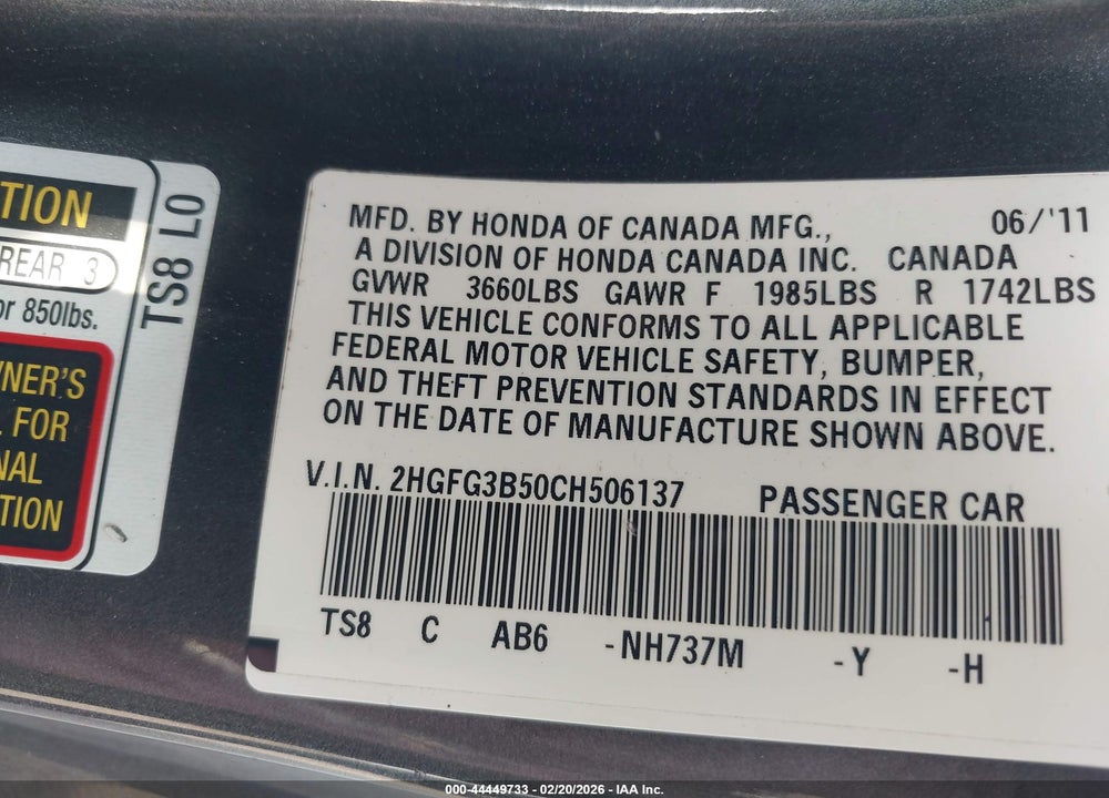 2012 HONDA CIVIC LX VIN: 2HGFG3B50CH506137