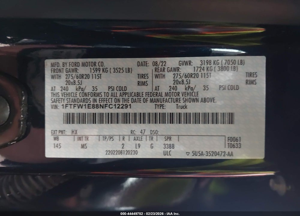 2022 FORD F-150 XLT VIN: 1FTFW1E88NFC12291