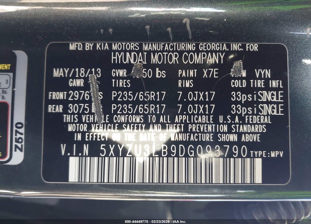 2013 HYUNDAI SANTA FE SPORT VIN: 5XYZU3LB9DG093790