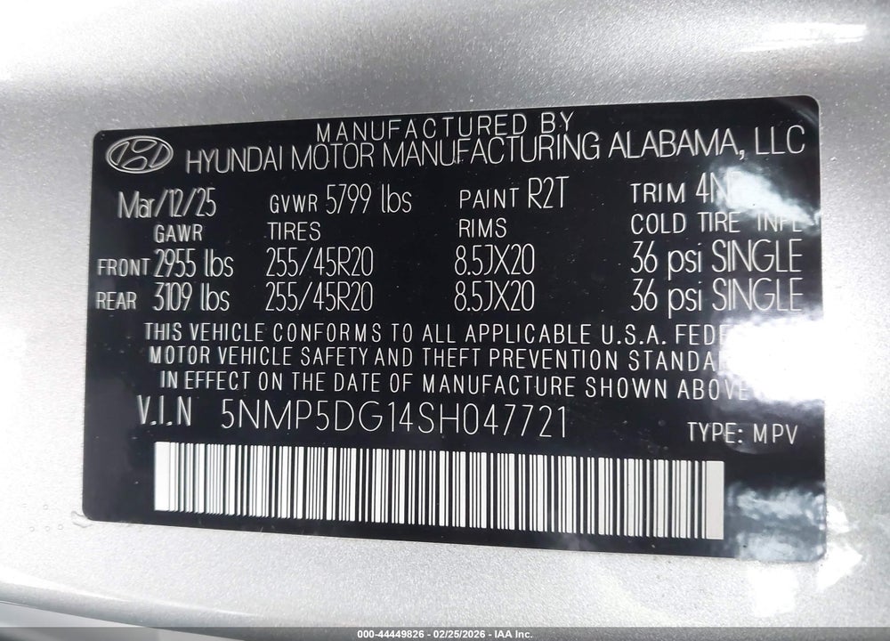 2025 HYUNDAI SANTA FE HYBRID CALLIGRAPHY VIN: 5NMP5DG14SH047721