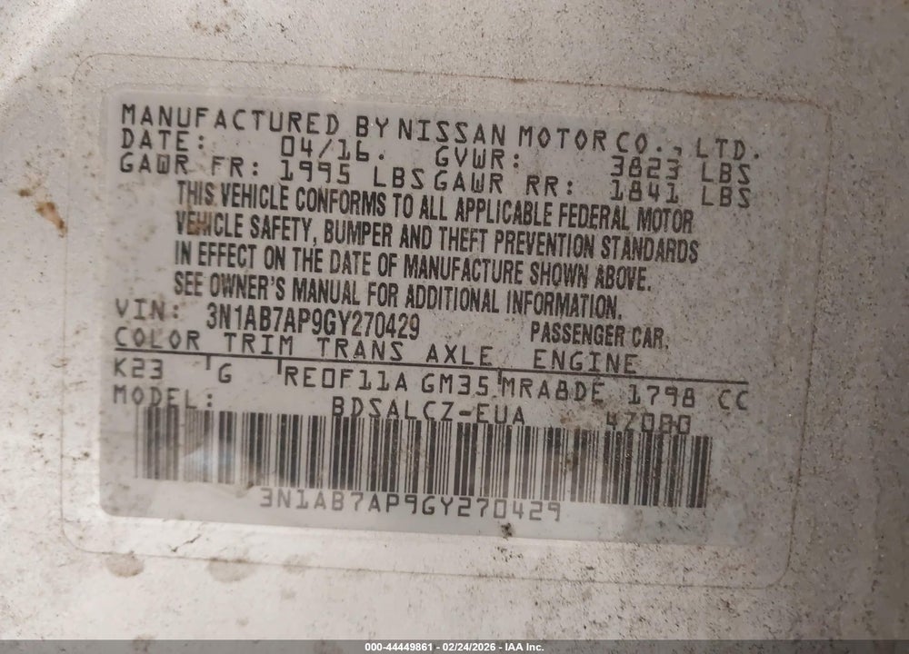2016 NISSAN SENTRA FE+ S VIN: 3N1AB7AP9GY270429