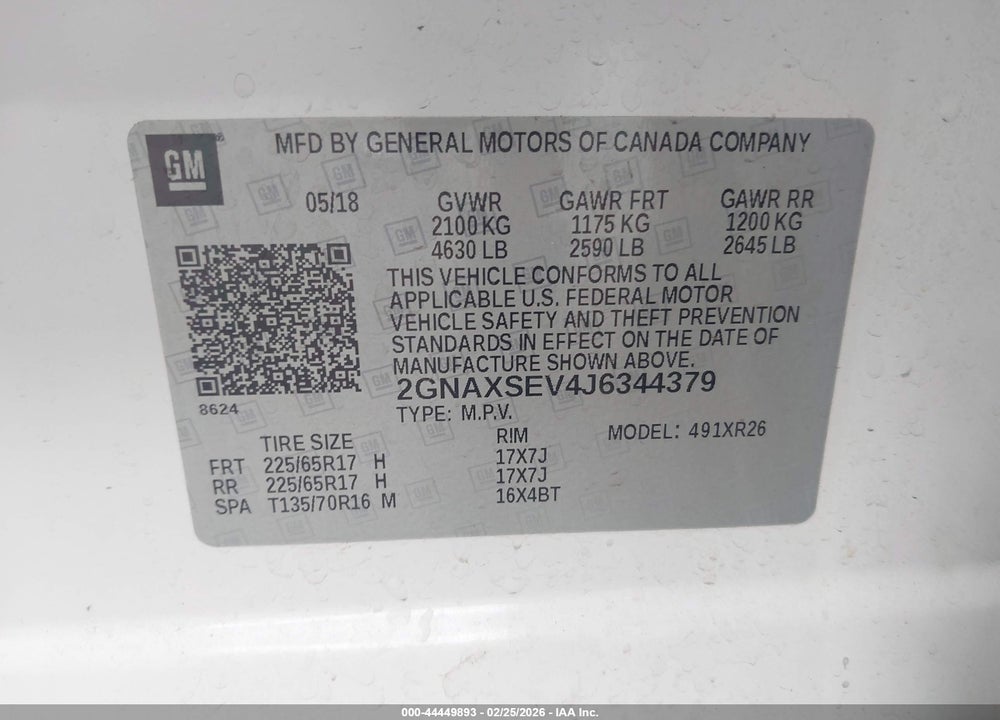 2018 CHEVROLET EQUINOX LT VIN: 2GNAXSEV4J6344379