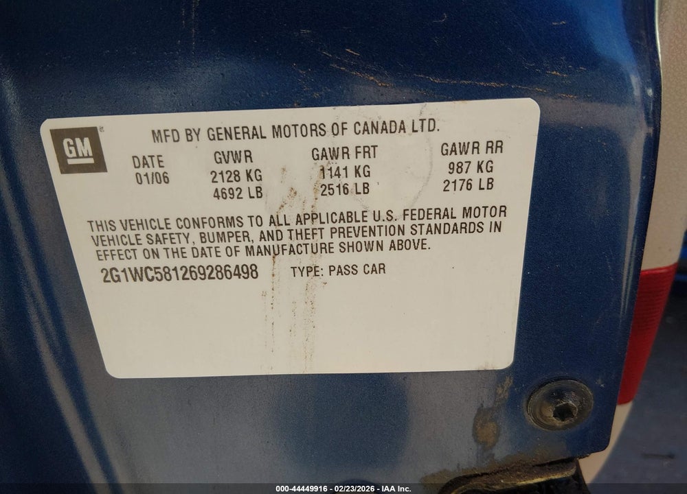 2006 CHEVROLET IMPALA LT VIN: 2G1WC581269286498