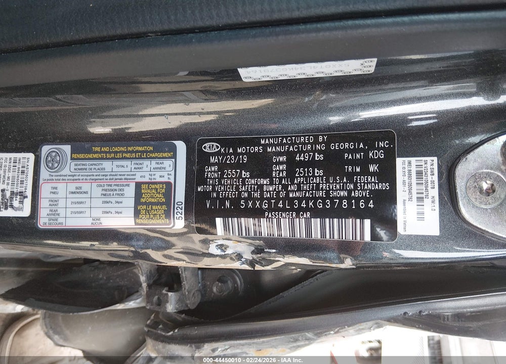 2019 KIA OPTIMA VIN: 5XXGT4L34KG378164