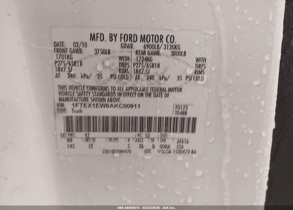 2010 FORD F-150 STX/XL VIN: 1FTEX1EW6AKC00911