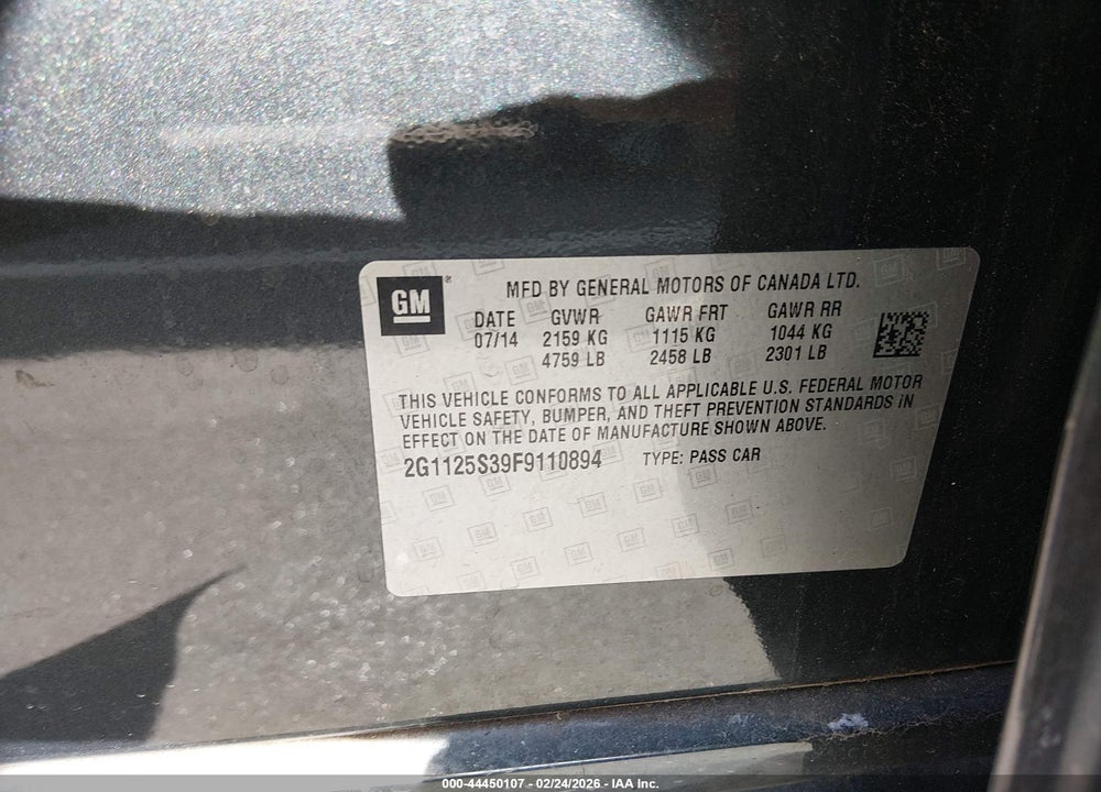 2015 CHEVROLET IMPALA 2LT VIN: 2G1125S39F9110894