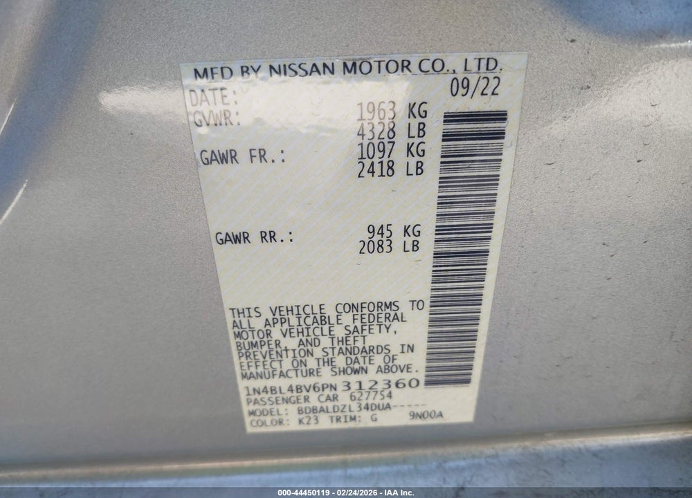 2023 NISSAN ALTIMA S VIN: 1N4BL4BV6PN312360