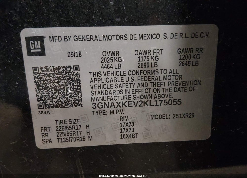 2019 CHEVROLET EQUINOX LT VIN: 3GNAXKEV2KL175055