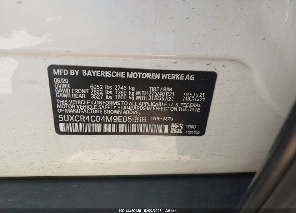 2021 BMW X5 SDRIVE40I VIN: 5UXCR4C04M9E05996