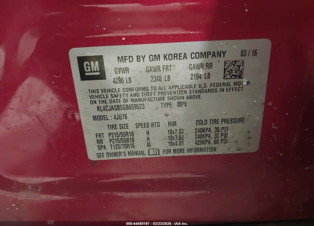 2016 BUICK ENCORE VIN: KL4CJASB5GB659523