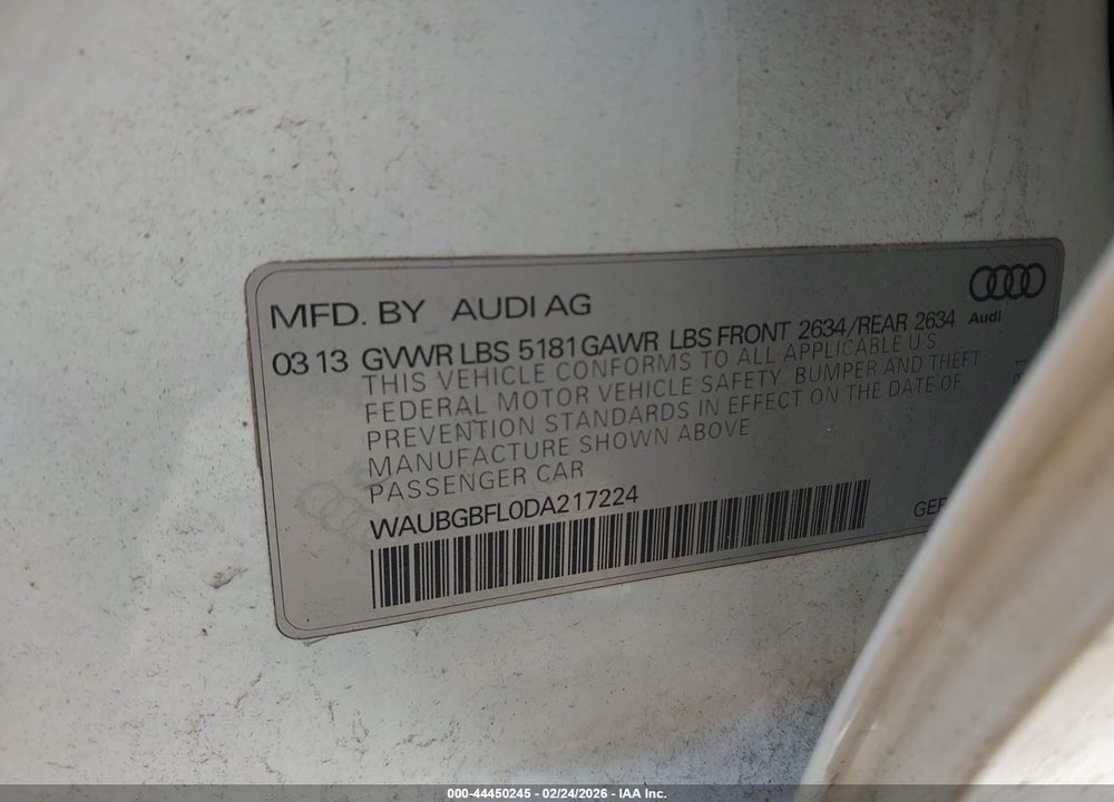 2013 AUDI S4 PREMIUM VIN: WAUBGBFL0DA217224