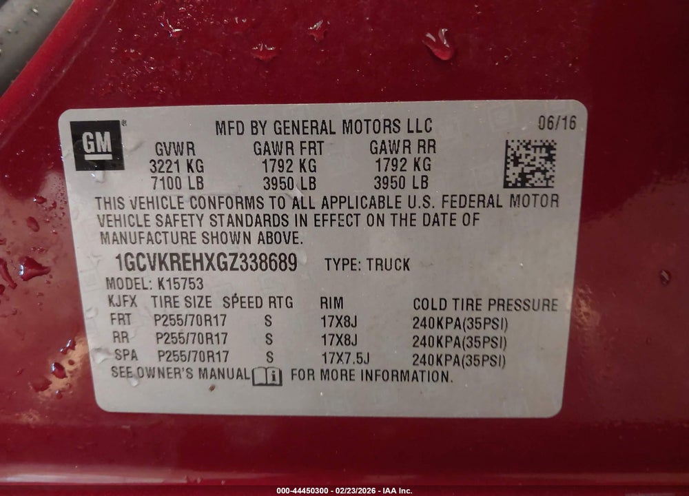 2016 CHEVROLET SILVERADO 1500 1LT VIN: 1GCVKREHXGZ338689