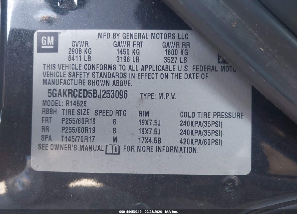 2011 BUICK ENCLAVE 2XL VIN: 5GAKRCED5BJ253096