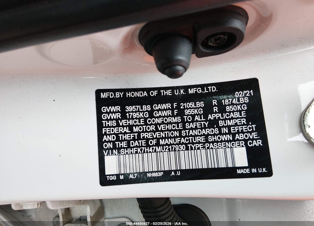 2021 HONDA CIVIC SPORT VIN: SHHFK7H47MU217930