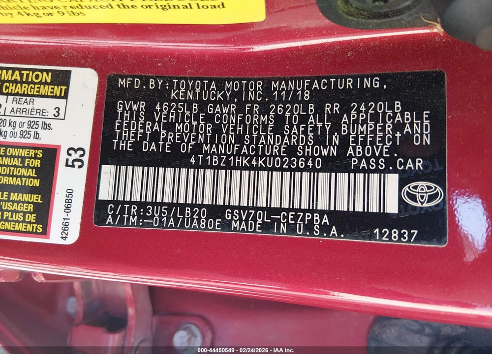 2019 TOYOTA CAMRY XSE V6 VIN: 4T1BZ1HK4KU023640