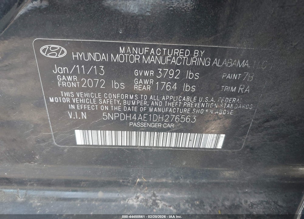 2013 HYUNDAI ELANTRA LIMITED VIN: 5NPDH4AE1DH276563