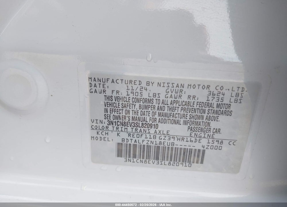 2025 NISSAN VERSA 1.6 SV VIN: 3N1CN8EV3SL820910