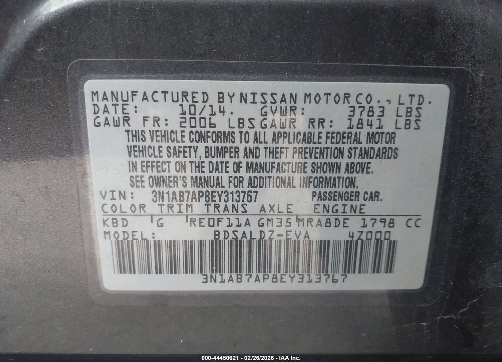 2014 NISSAN SENTRA SV VIN: 3N1AB7AP8EY313767