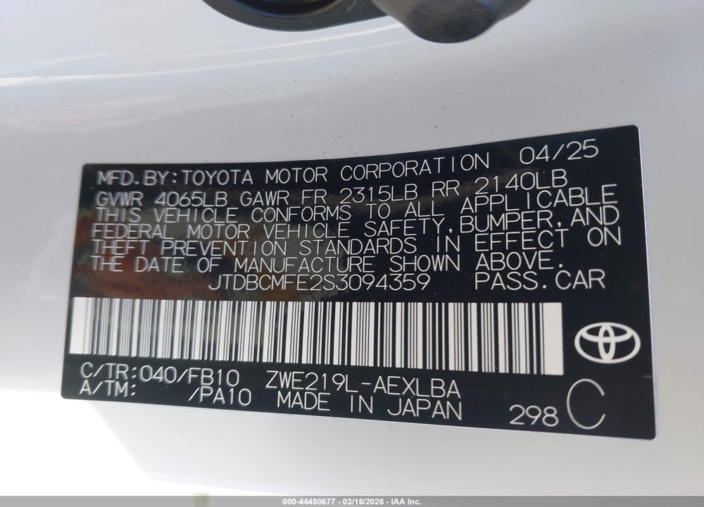 2025 TOYOTA COROLLA HYBRID LE VIN: JTDBCMFE2S3094359