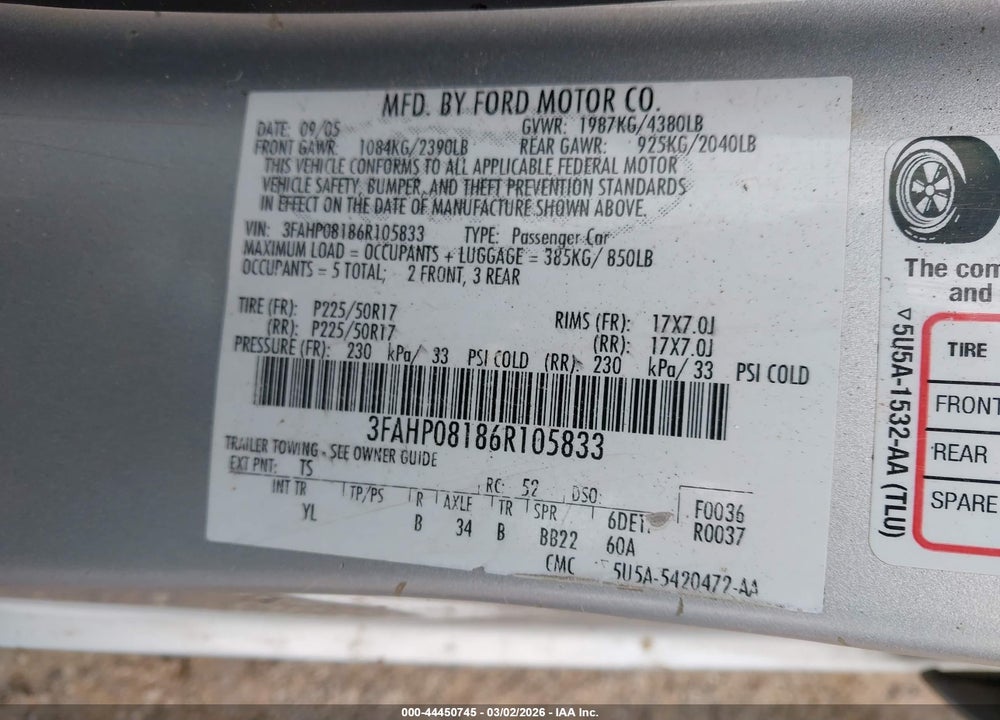 2006 FORD FUSION SEL VIN: 3FAHP08186R105833