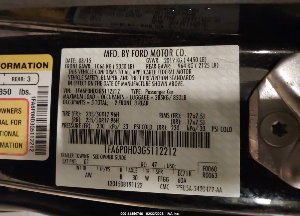 2016 FORD FUSION SE VIN: 1FA6P0HD3G5112212