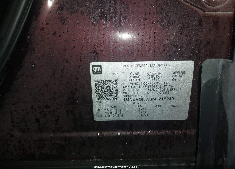 2021 CHEVROLET TRAVERSE AWD LT CLOTH VIN: 1GNEVGKW3MJ215249