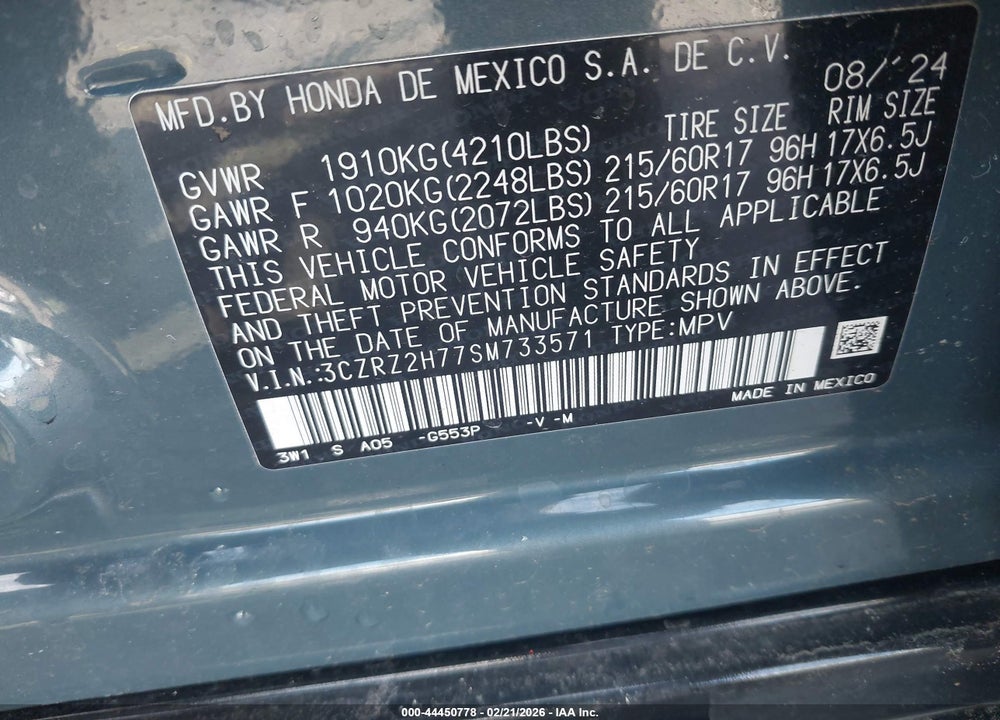 2025 HONDA HR-V AWD EX-L VIN: 3CZRZ2H77SM733571
