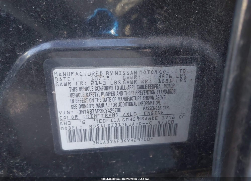 2019 NISSAN SENTRA SV VIN: 3N1AB7AP3KY429700
