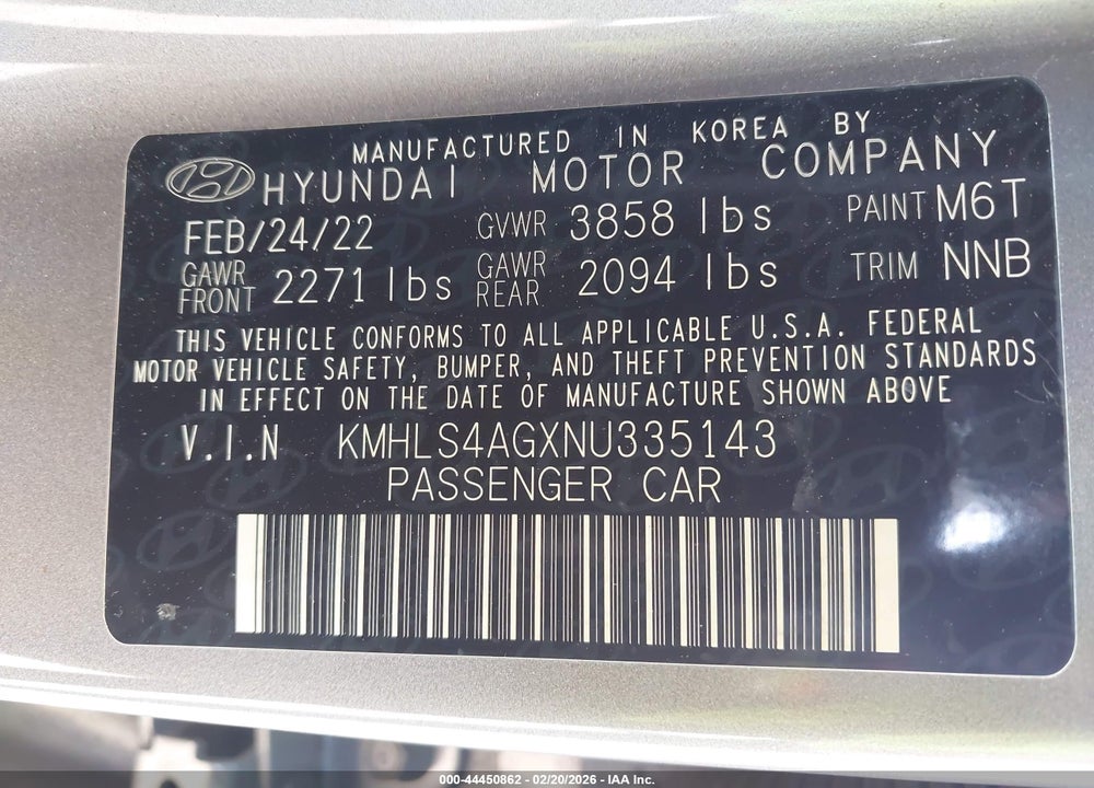 2022 HYUNDAI ELANTRA SEL VIN: KMHLS4AGXNU335143