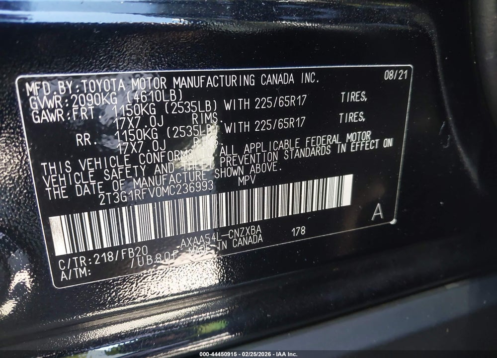 2021 TOYOTA RAV4 LE VIN: 2T3G1RFV0MC236993