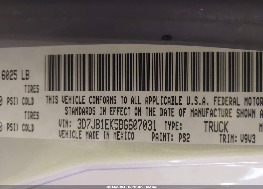 2011 RAM 1500 ST VIN: 3D7JB1EK5BG607031
