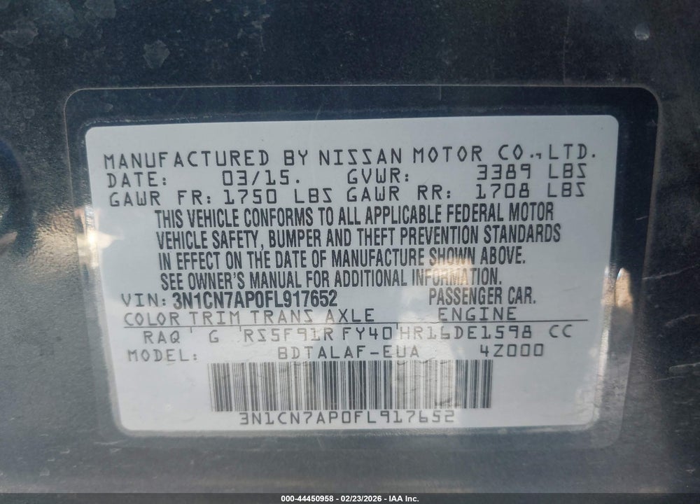 2015 NISSAN VERSA 1.6 S VIN: 3N1CN7AP0FL917652