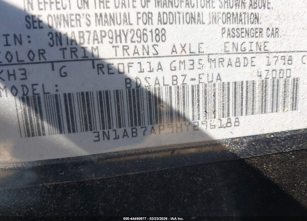 2017 NISSAN SENTRA S VIN: 3N1AB7AP9HY296188