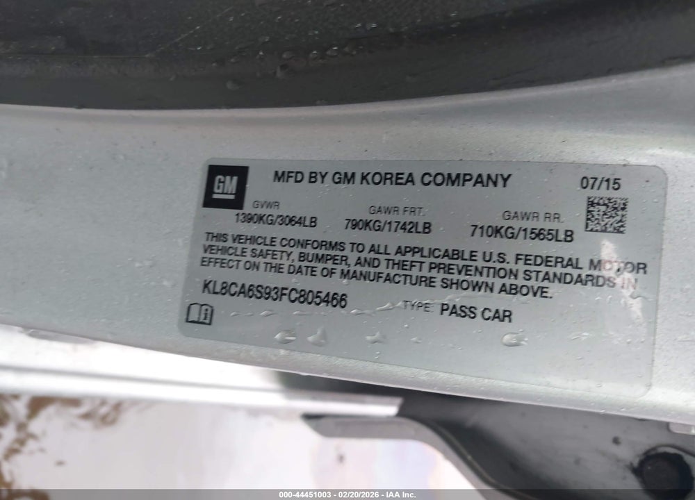 2015 CHEVROLET SPARK LS MANUAL VIN: KL8CA6S93FC805466