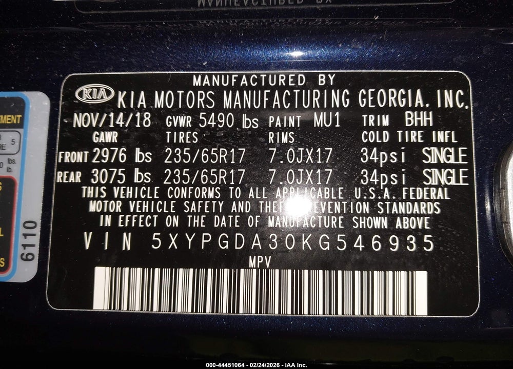 2019 KIA SORENTO 2.4L LX VIN: 5XYPGDA30KG546935