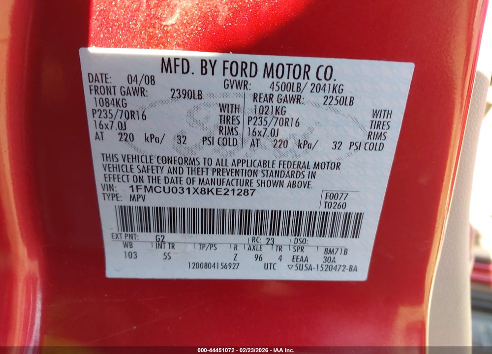2008 FORD ESCAPE XLT VIN: 1FMCU031X8KE21287
