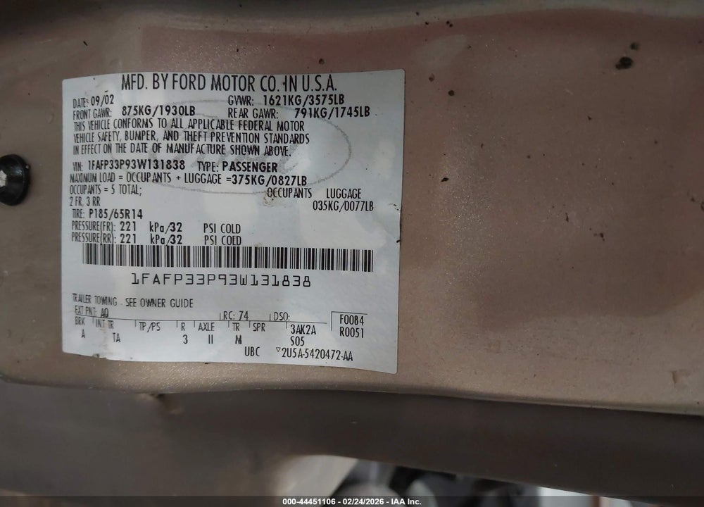 2003 FORD FOCUS LX VIN: 1FAFP33P93W131838