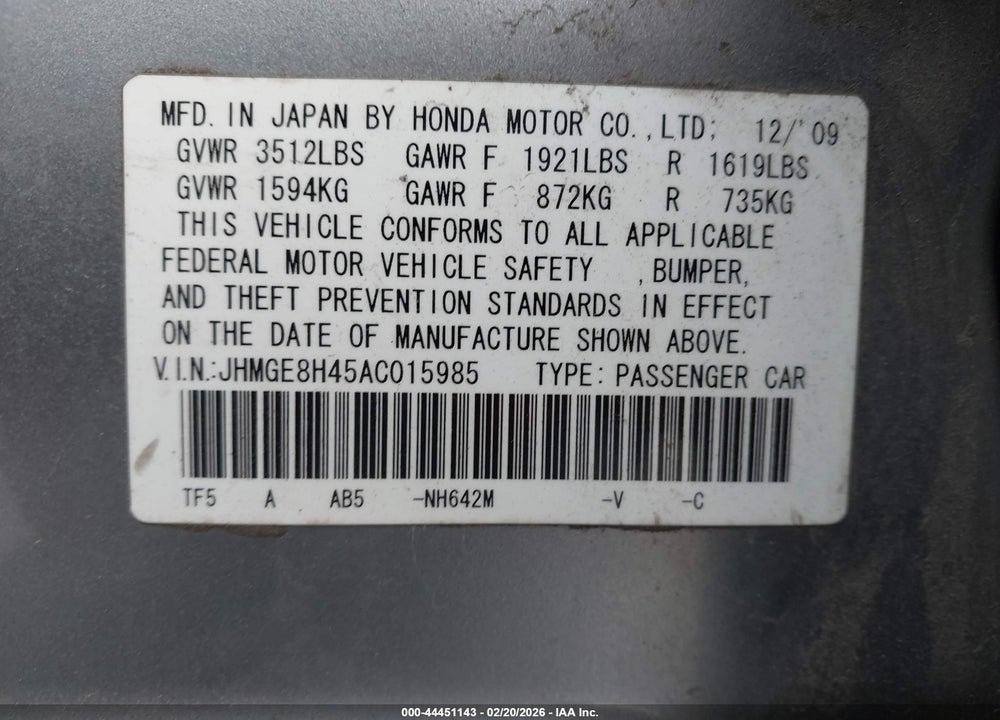 2010 HONDA FIT SPORT VIN: JHMGE8H45AC015985