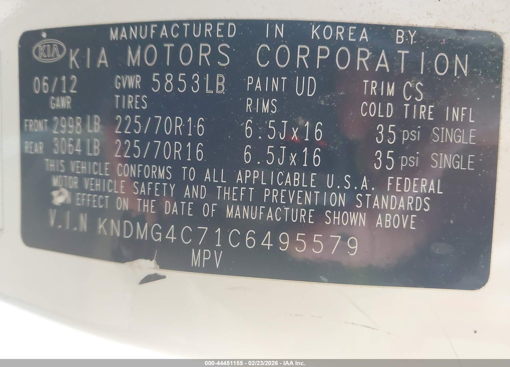 2012 KIA SEDONA LX VIN: KNDMG4C71C6495579